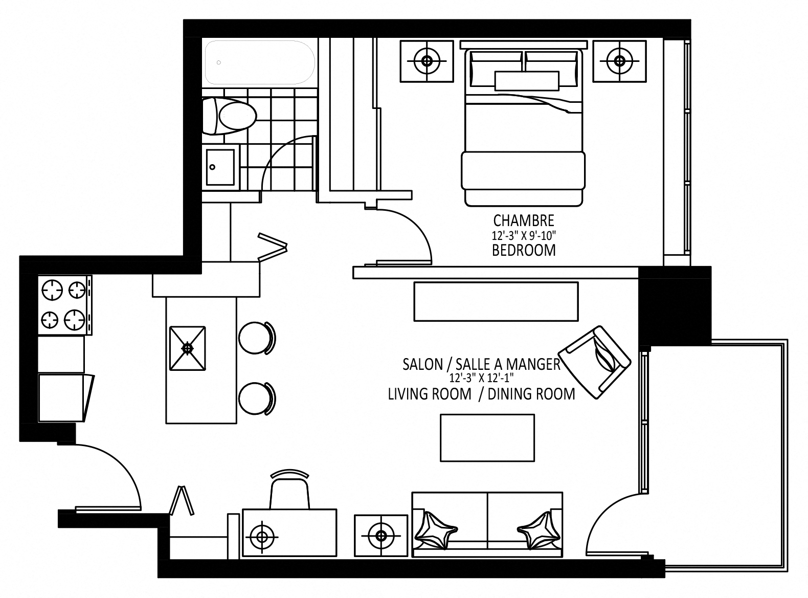 Floor plan for 1 bed, 1 bath, 550 sqft
